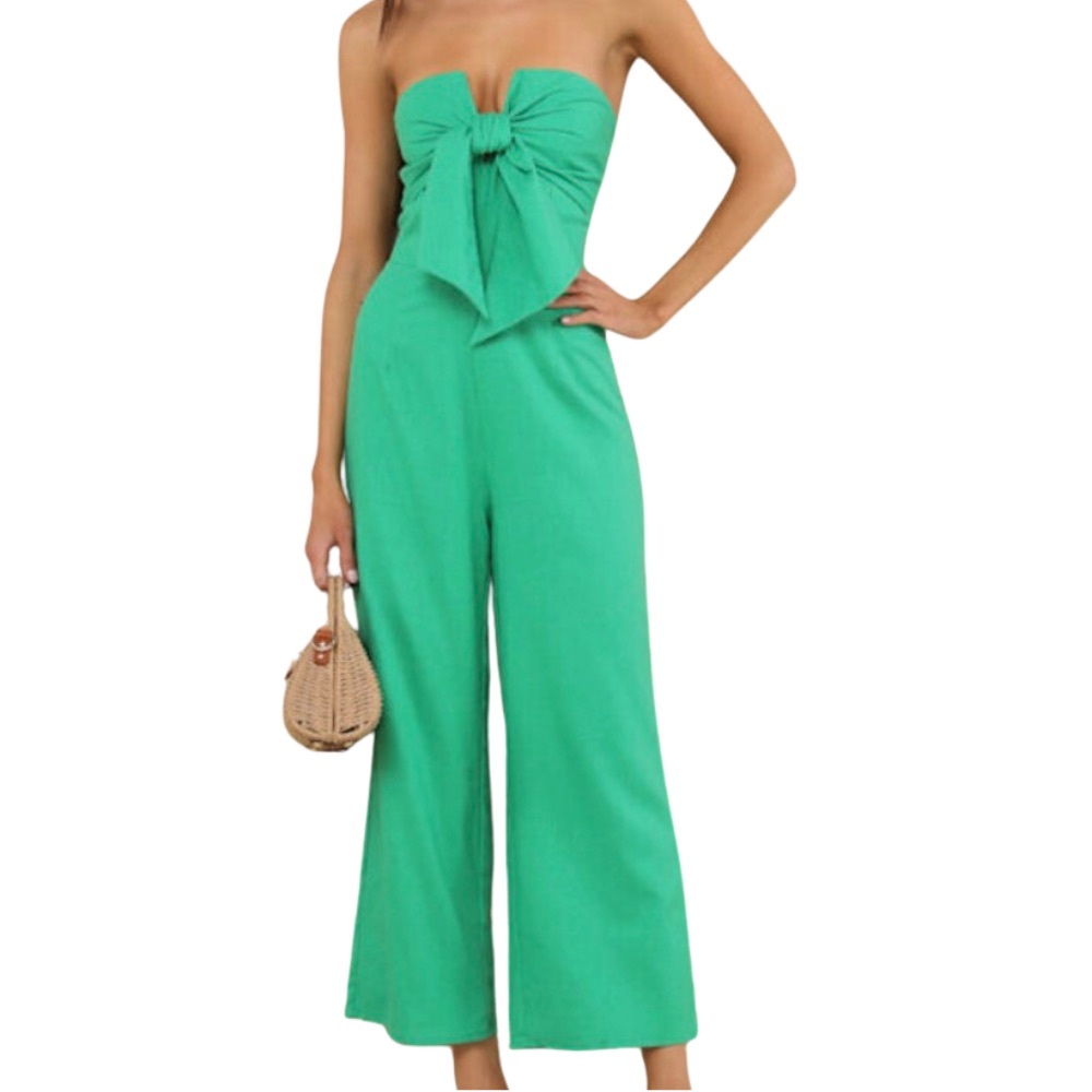 Lulus Green Strapless Tie Front Wide Leg Jumpsuit Flowy Summer Wedding Guest